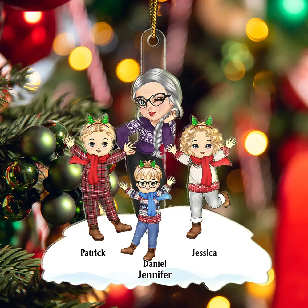 Christmas Grandma Mom Happy Dancing Kids - Personalized Cutout Acrylic Ornament - Image 5