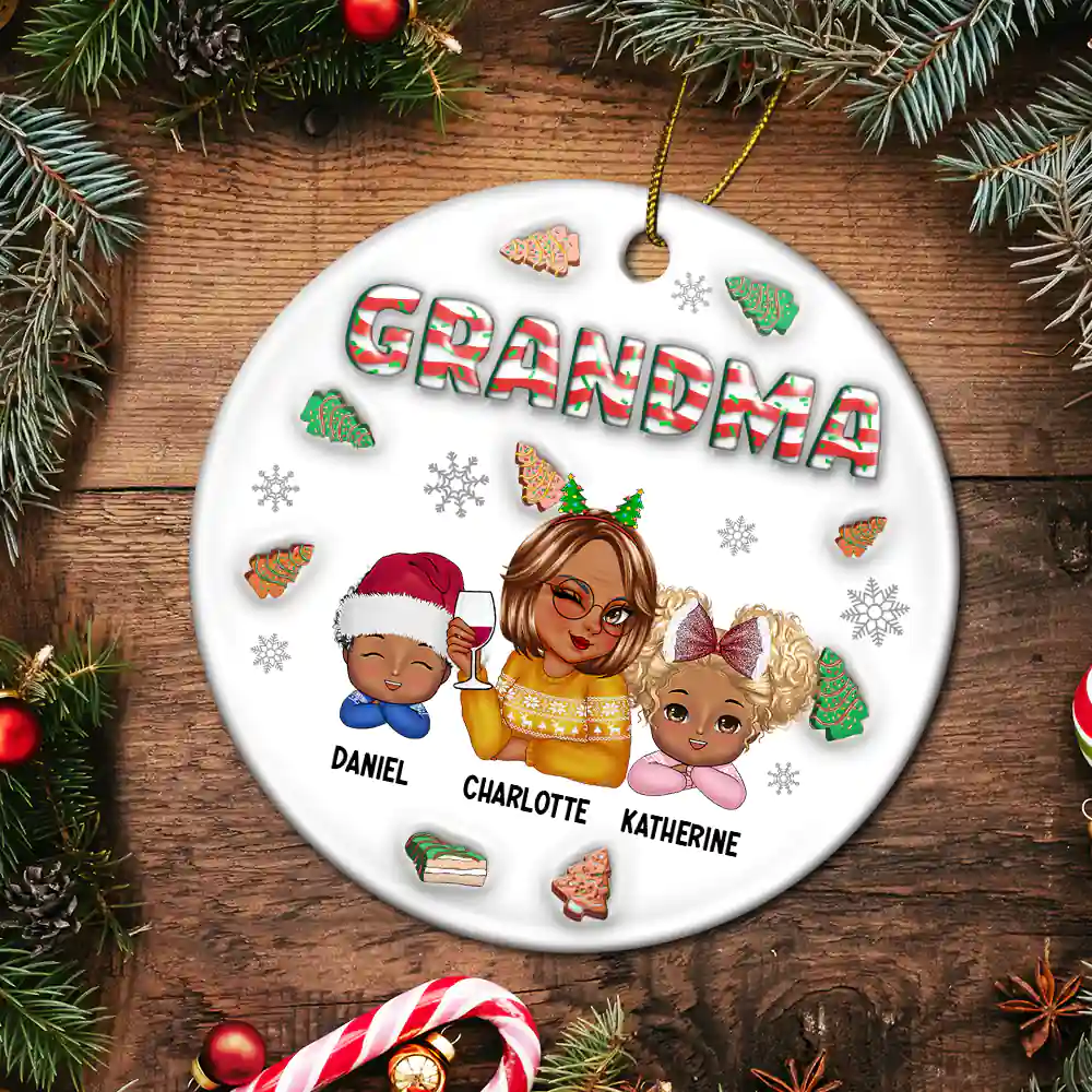 Christmas Grandma With Grandkids - 3D Inflated Effect Printed Ornament, Personalized Circle Ceramic Ornament - Image 5