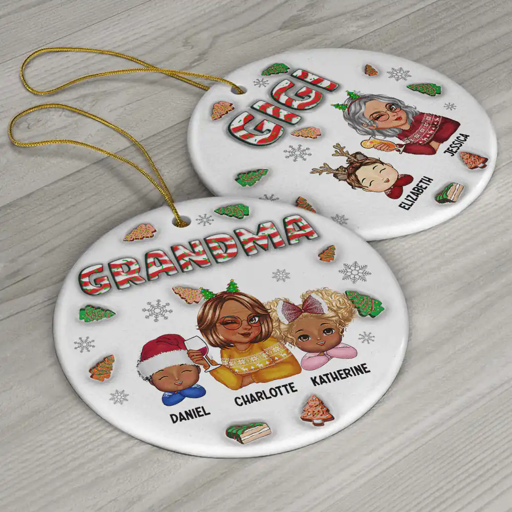 Christmas Grandma With Grandkids - 3D Inflated Effect Printed Ornament, Personalized Circle Ceramic Ornament - Image 6