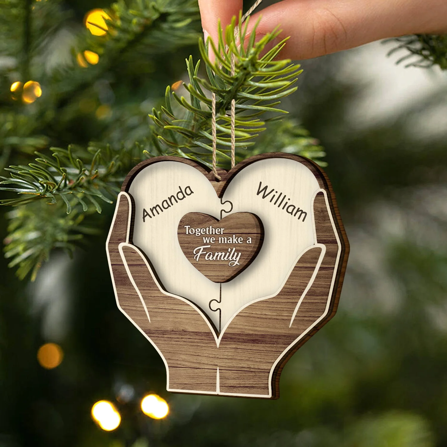 Christmas Hands Puzzle Together We Make A Family - Gift For Family - Personalized 2-Layered Wooden Ornament - Image 2