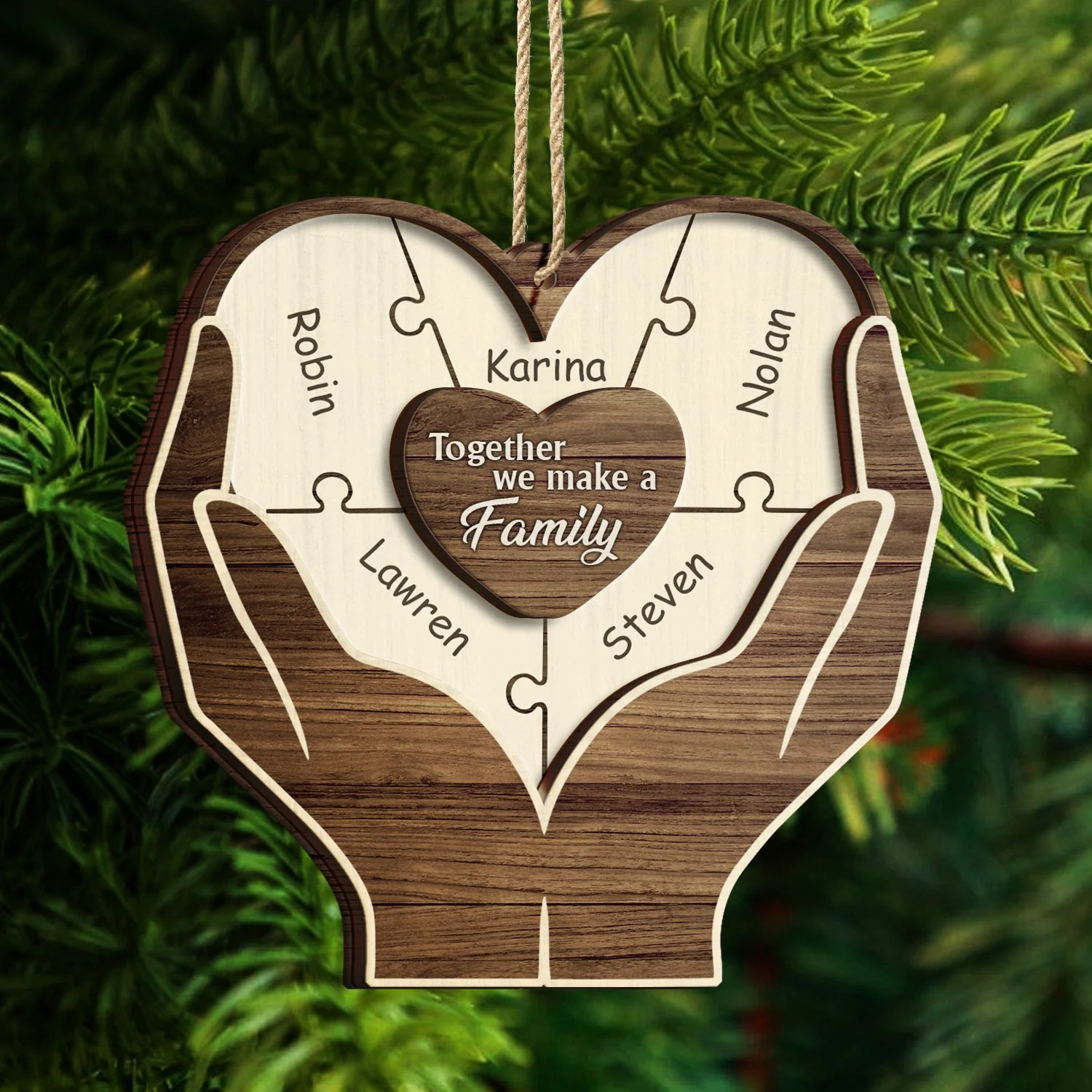 Christmas Hands Puzzle Together We Make A Family - Gift For Family - Personalized 2-Layered Wooden Ornament - Image 4