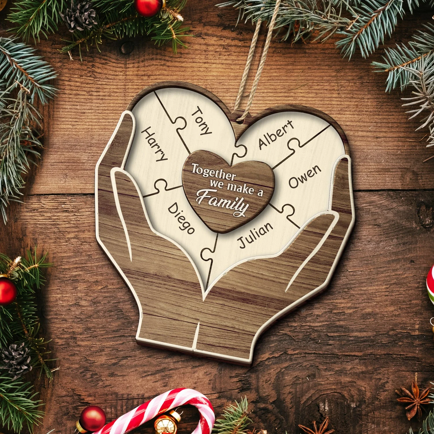 Christmas Hands Puzzle Together We Make A Family - Gift For Family - Personalized 2-Layered Wooden Ornament - Image 5