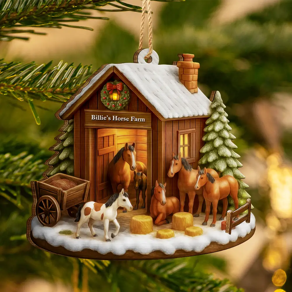 Christmas Horse Farm - Personalized Custom Shaped Wooden Ornament - Image 3