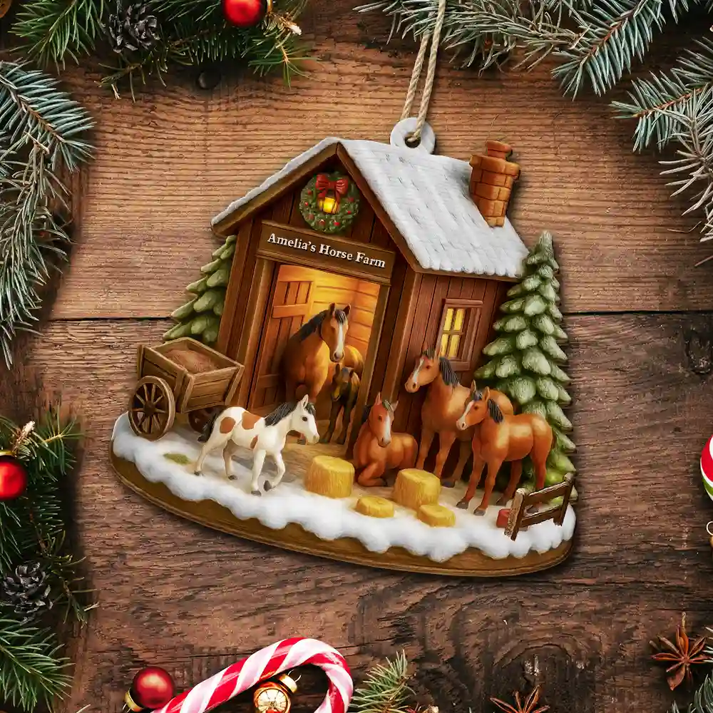 Christmas Horse Farm - Personalized Custom Shaped Wooden Ornament - Image 5