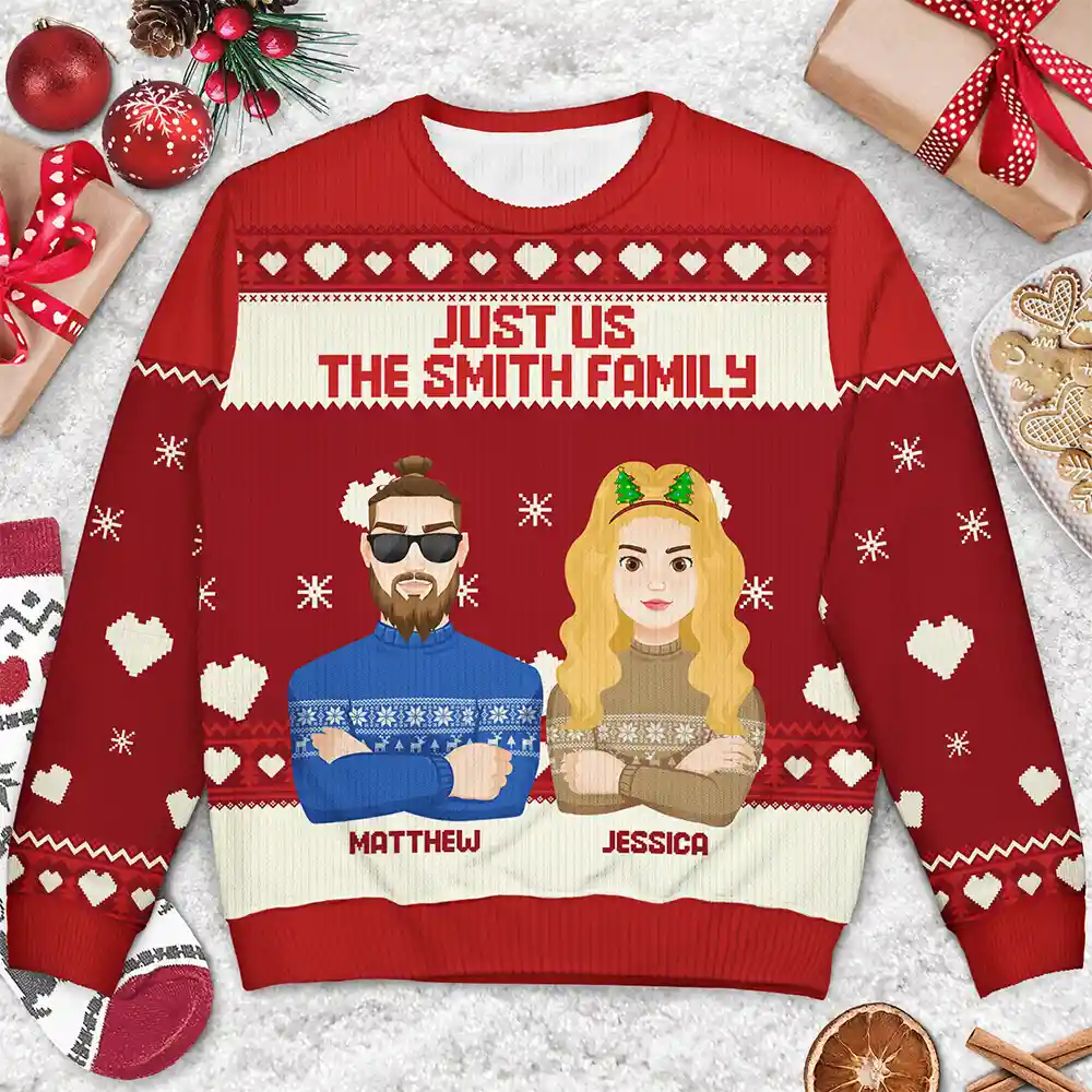Christmas Just Us Family Flat Art - Personalized Unisex Ugly Sweater - Image 3