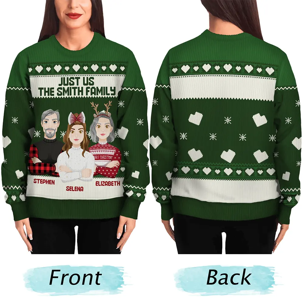 Christmas Just Us Family Flat Art - Personalized Unisex Ugly Sweater - Image 5