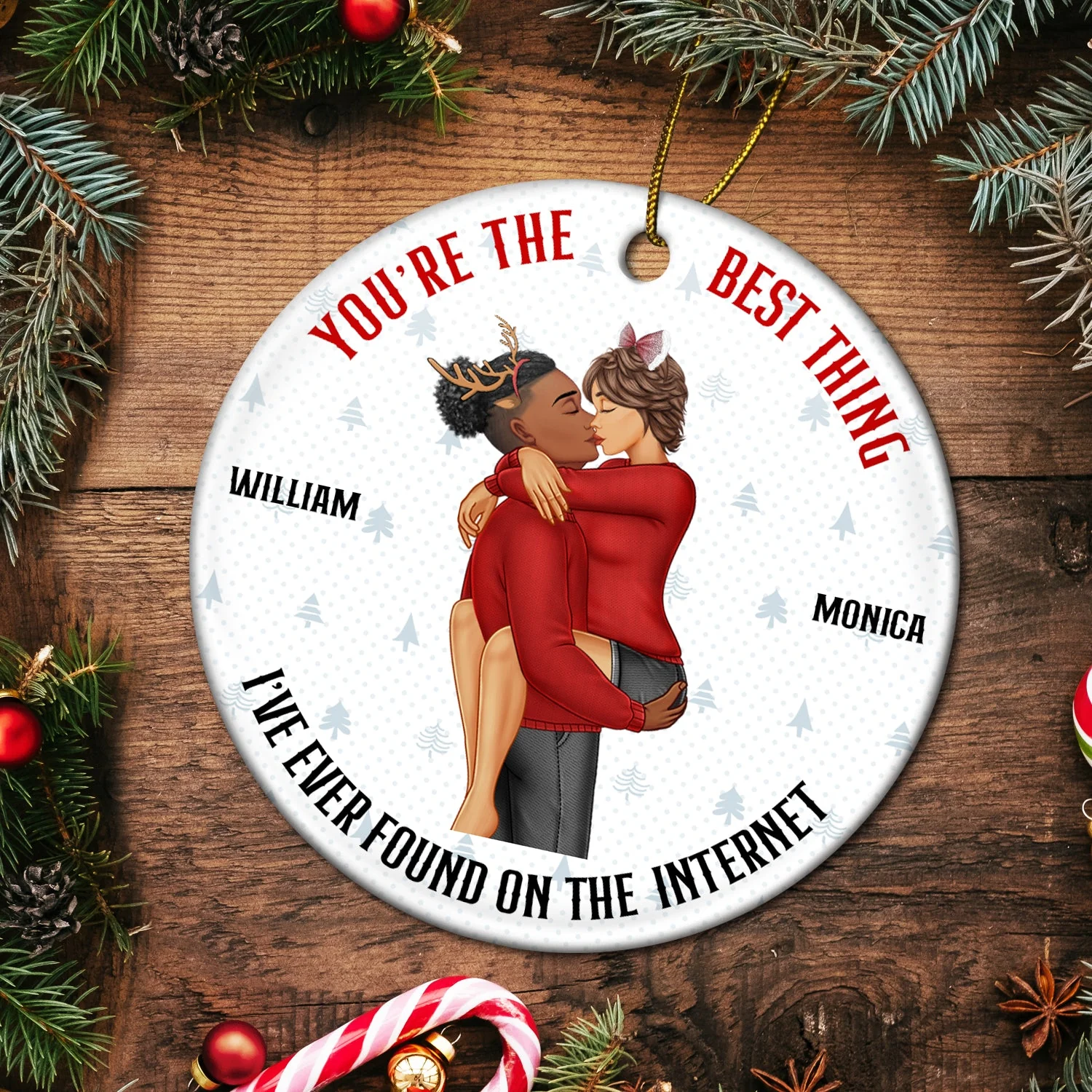 Christmas Kissing Couple Best Things On The Internet - Gift For Couples - Personalized Circle Ceramic Ornament - Image 5