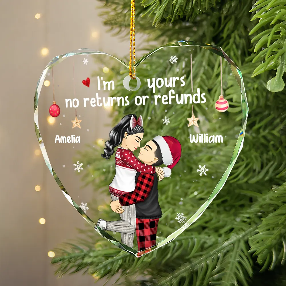 Christmas Kissing Couple I'm Yours No Returns - Personalized Glass Ornament - Image 4