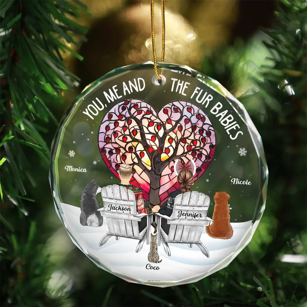 Christmas Love Tree You, Me And The Dog Cat - Personalized Circle Glass Ornament - Image 3