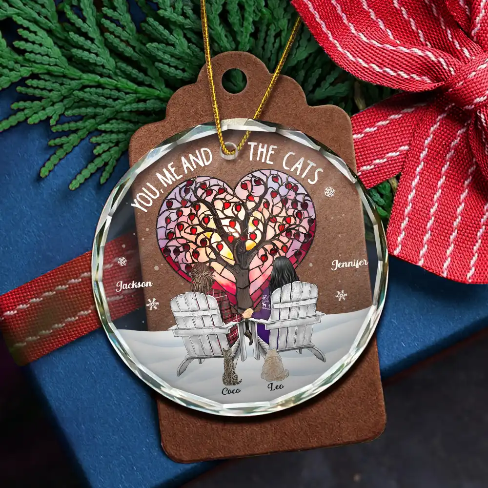 Christmas Love Tree You, Me And The Dog Cat - Personalized Circle Glass Ornament - Image 5