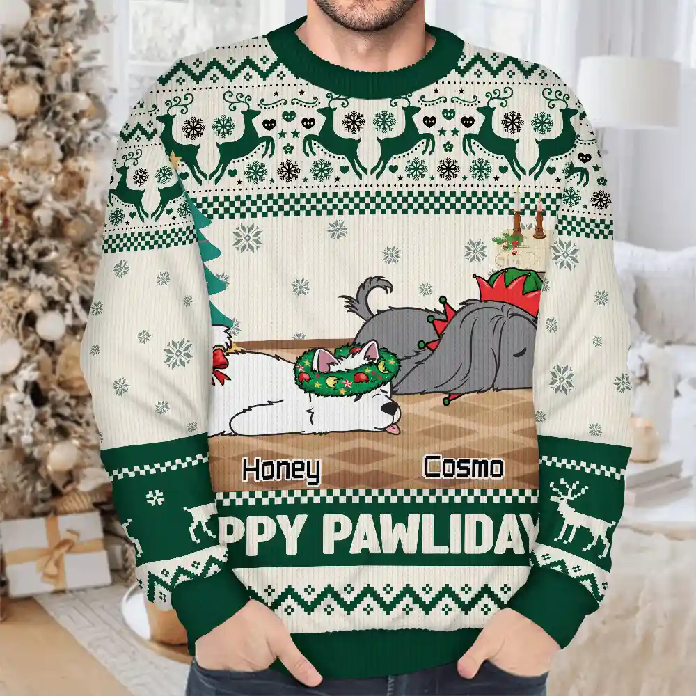 Christmas Lying Dog Happy Pawlidays - Personalized Unisex Ugly Sweater - Image 4