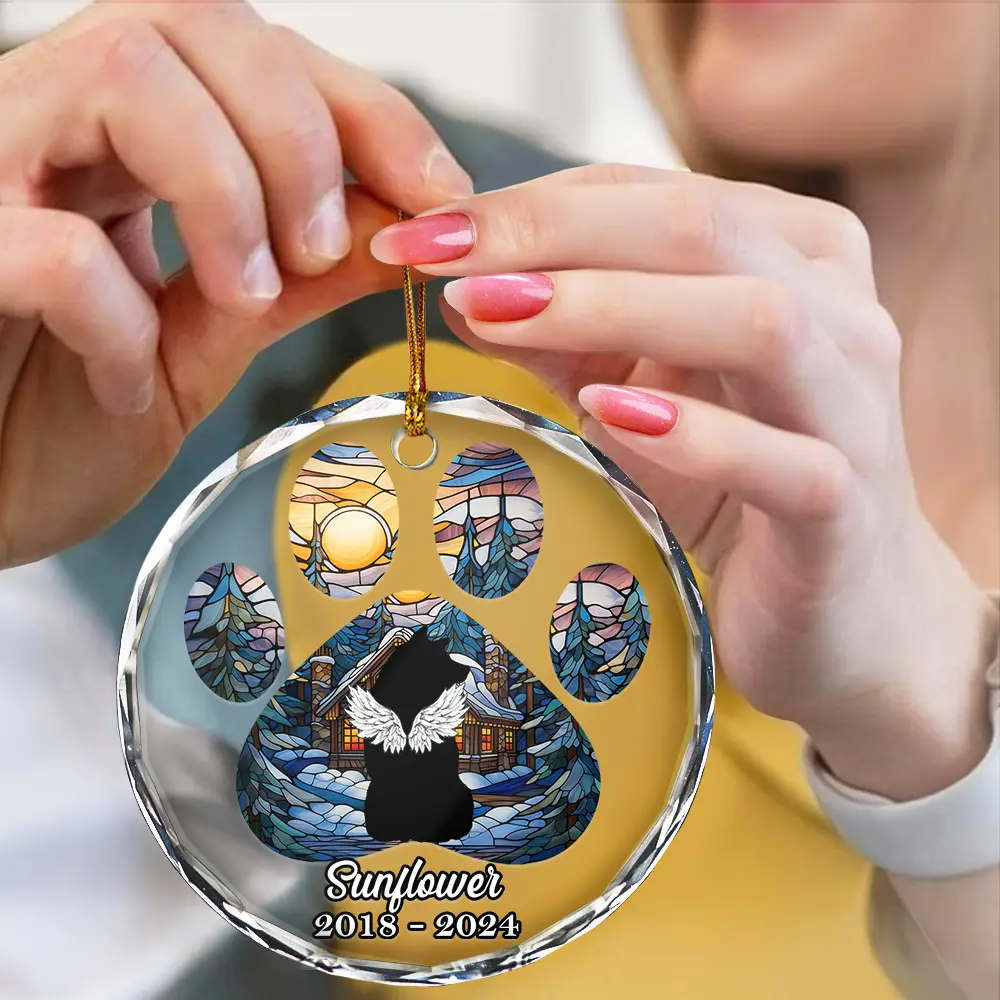 Christmas Memorial Dog Loss Pet Paw - Personalized Circle Glass Ornament - Image 4