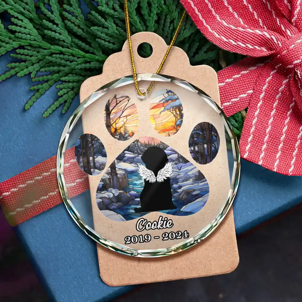 Christmas Memorial Dog Loss Pet Paw - Personalized Circle Glass Ornament - Image 5