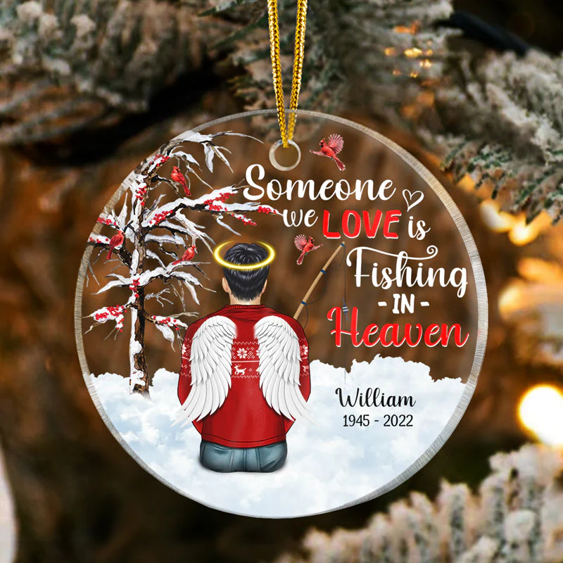 Christmas Memorial Gift Fishing In Heaven - Personalized Custom Circle Acrylic Ornament - Image 3
