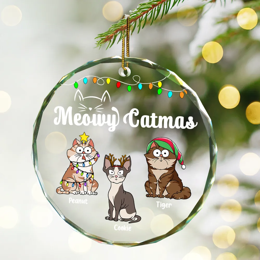 Christmas Meowy Catmas Funny Cartoon Cats - Personalized Circle Glass Ornament - Image 2