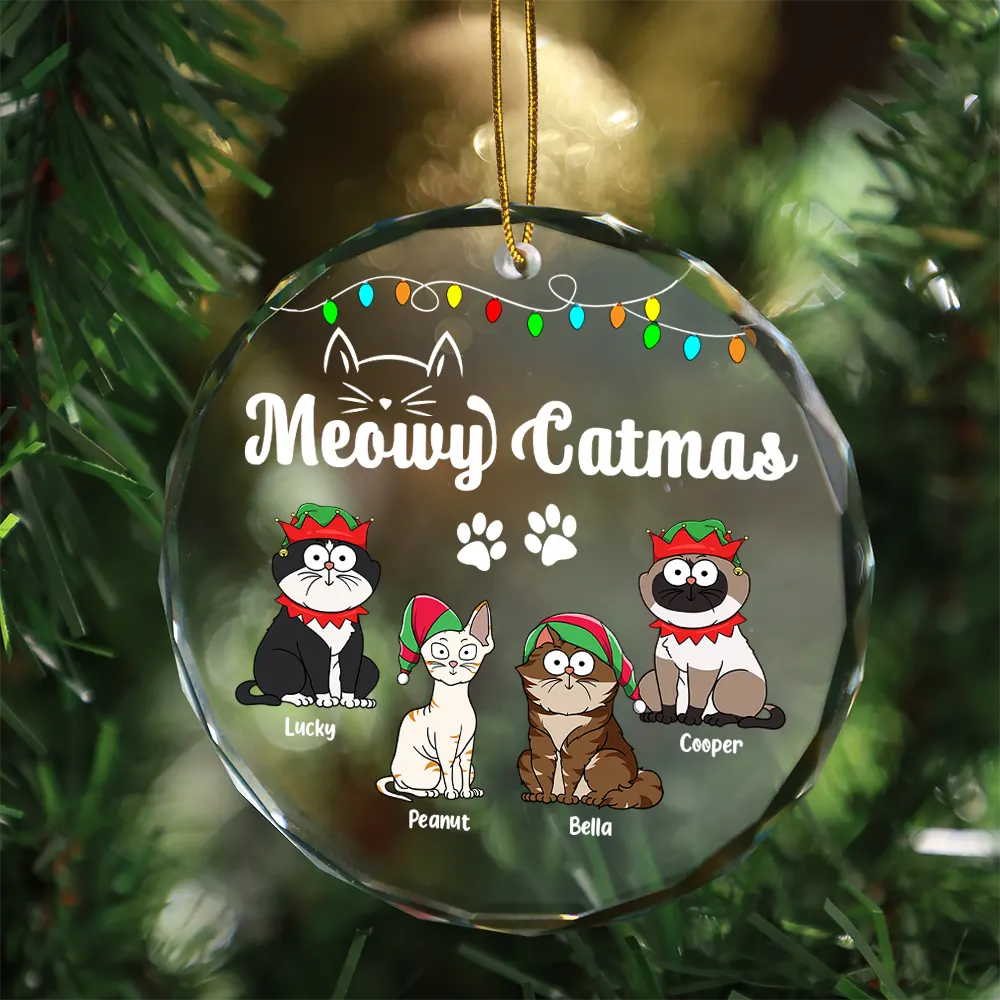 Christmas Meowy Catmas Funny Cartoon Cats - Personalized Circle Glass Ornament - Image 3
