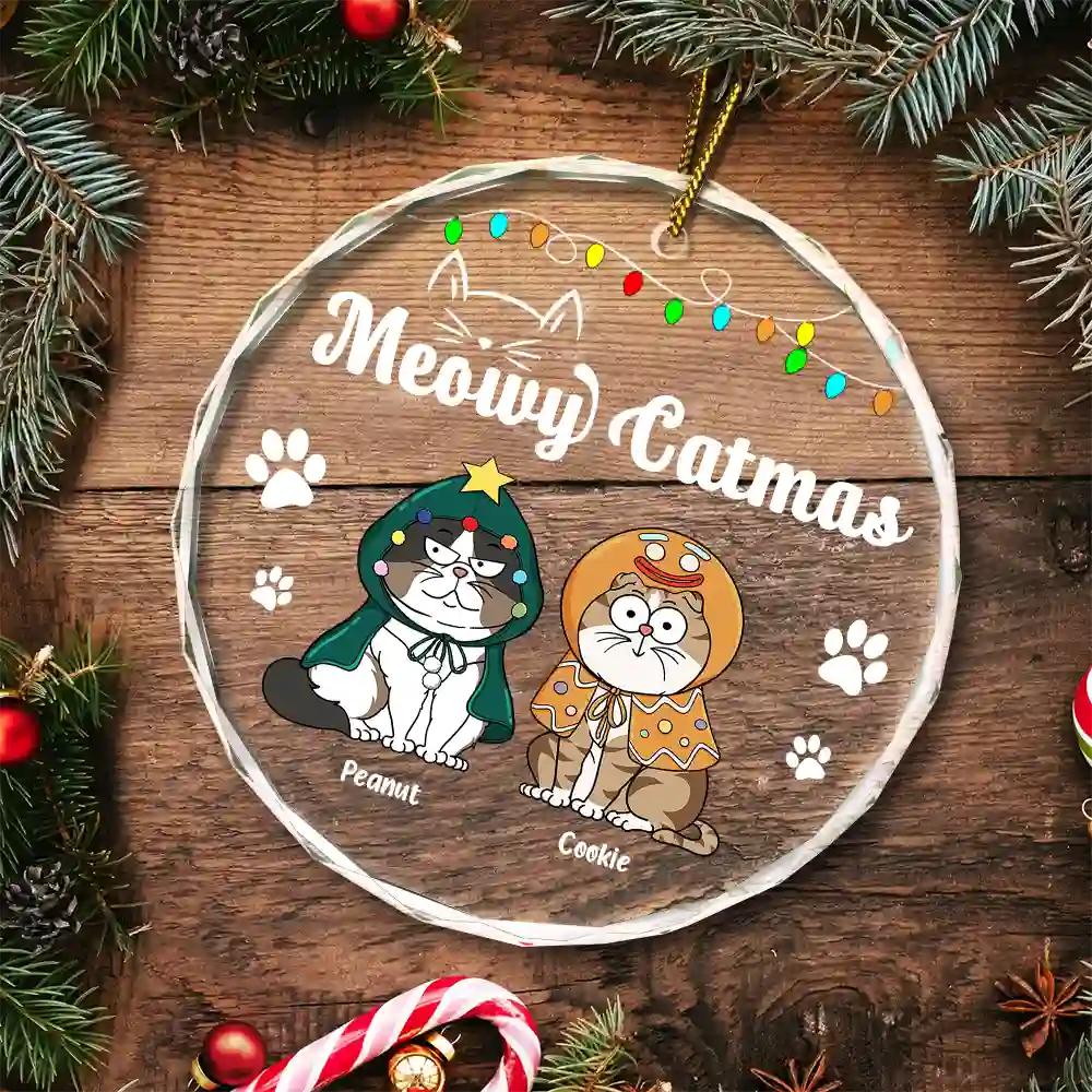Christmas Meowy Catmas Funny Cartoon Cats - Personalized Circle Glass Ornament - Image 5