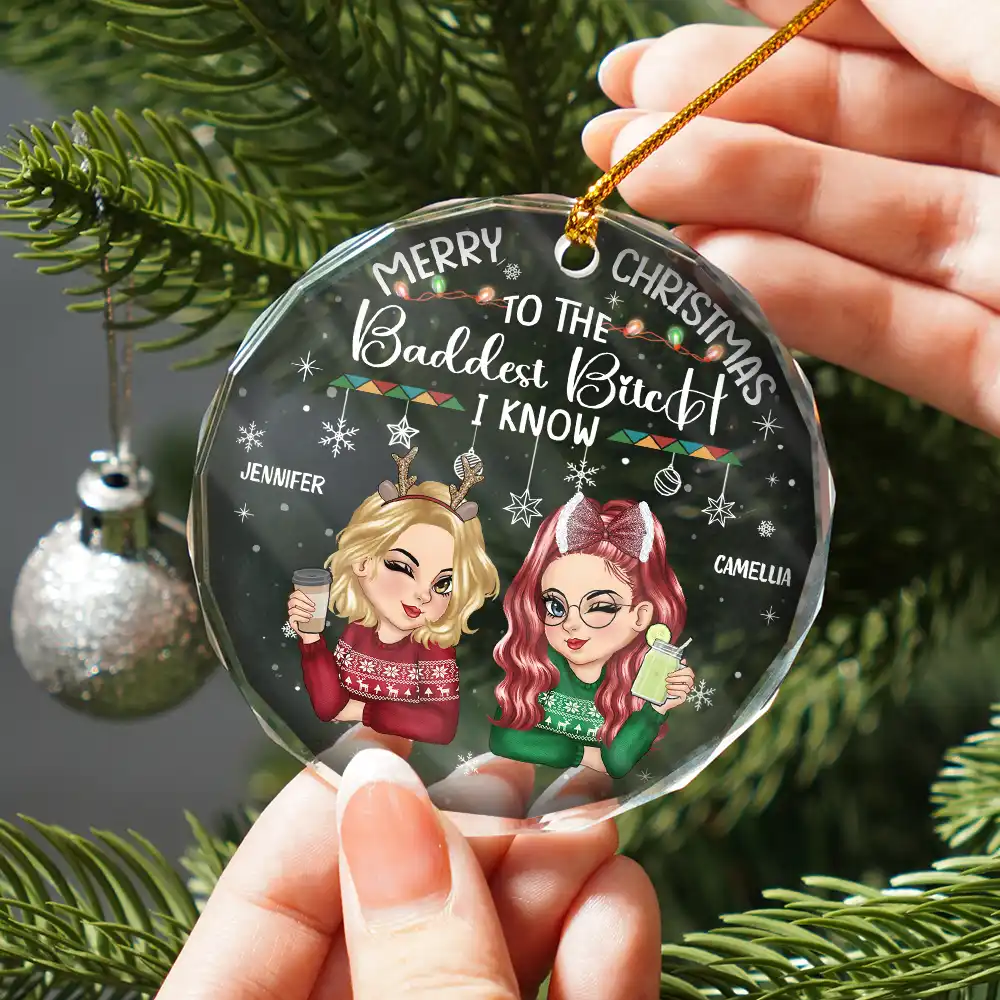 Christmas Merry Christmas Besties - Personalized Circle Glass Ornament - Image 2