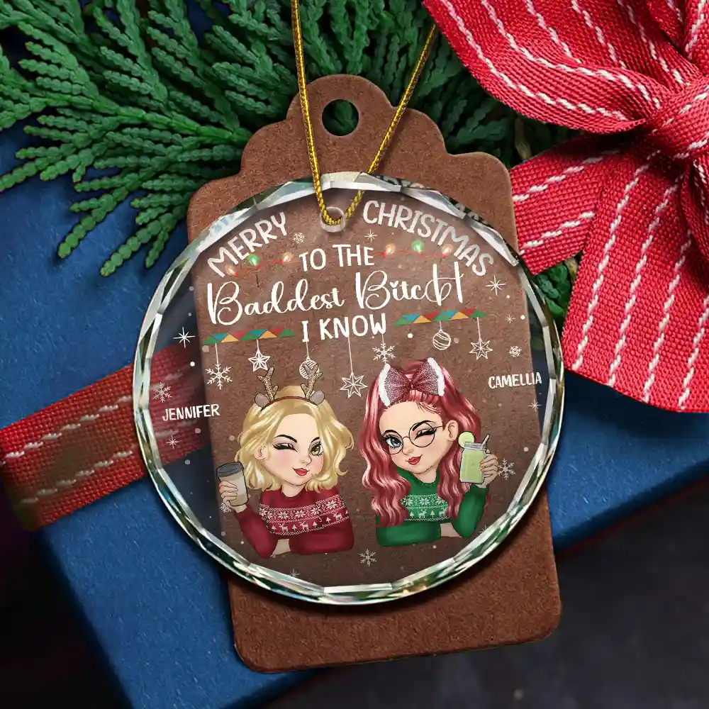 Christmas Merry Christmas Besties - Personalized Circle Glass Ornament - Image 5