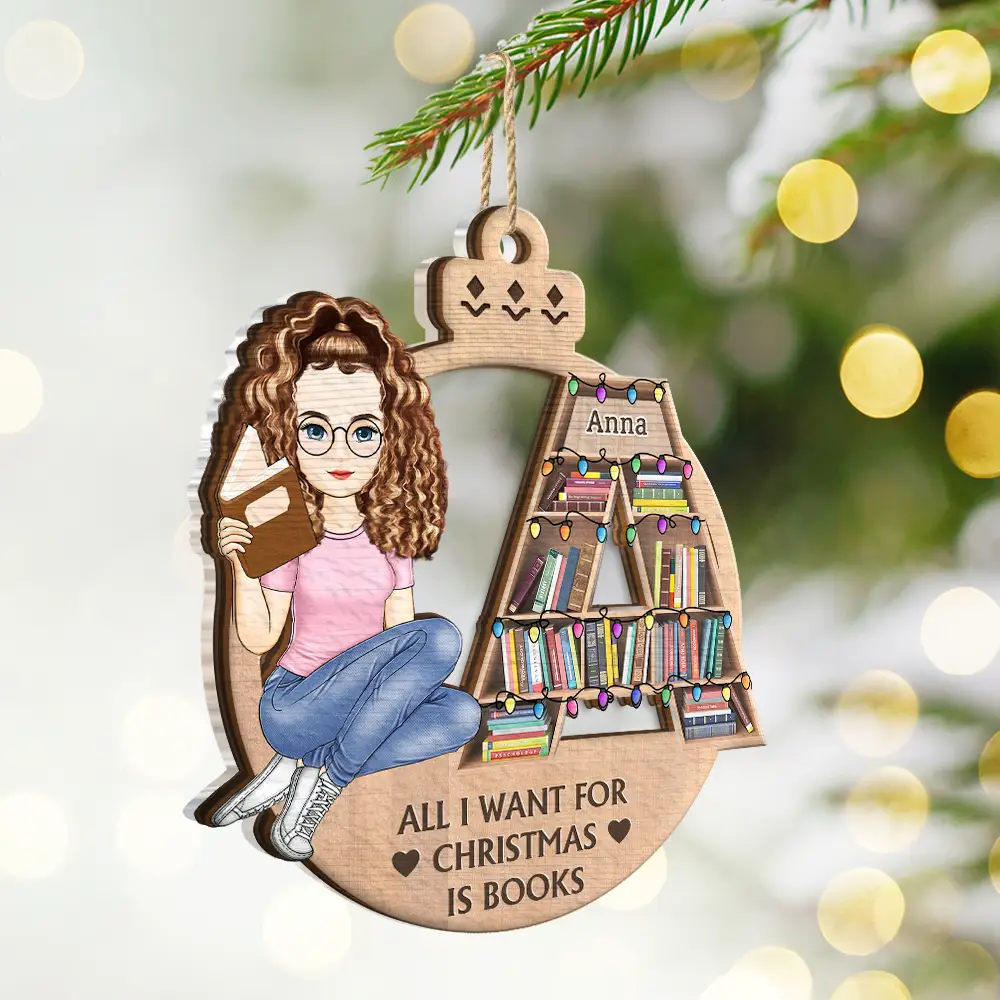 Christmas Monogram Bookshelf Reading Lovers - Personalized 2-Layered Mix Ornament - Image 2