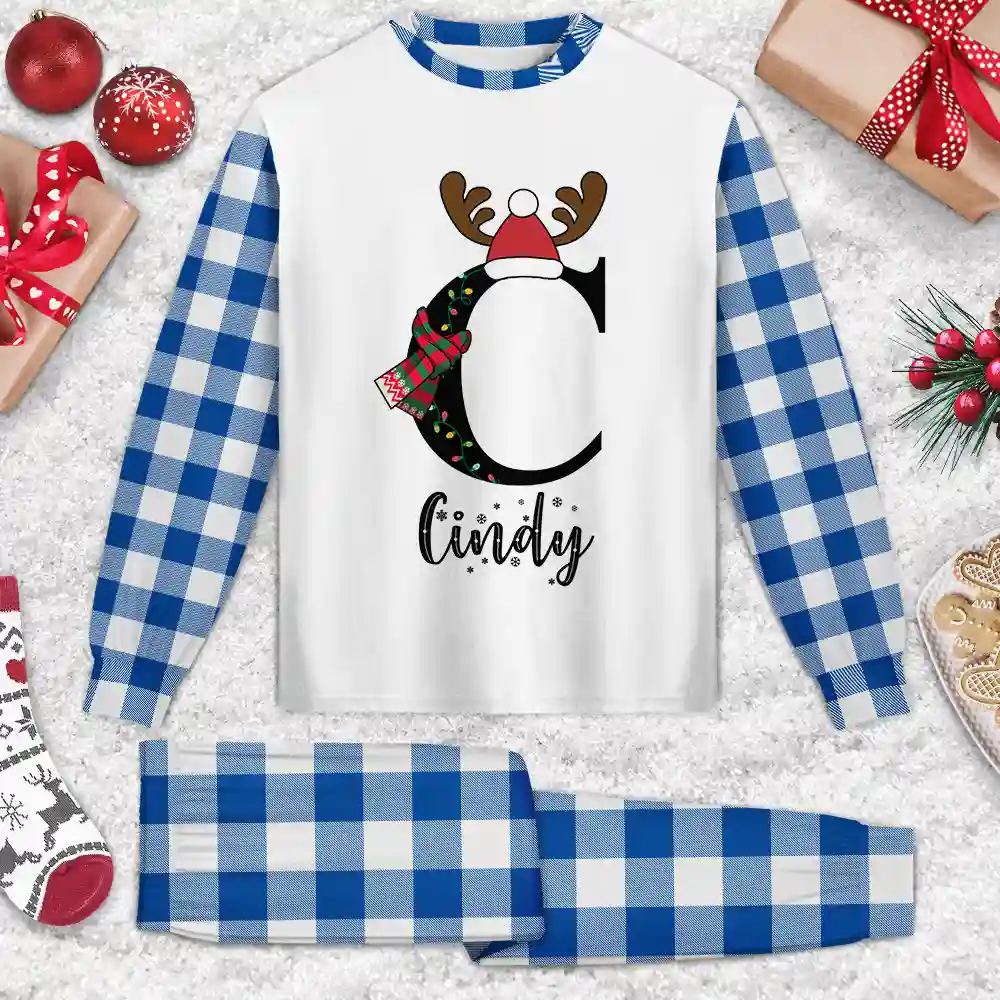 Christmas Monogram Letter Family Name - Personalized Unisex Pajamas Set - Image 3