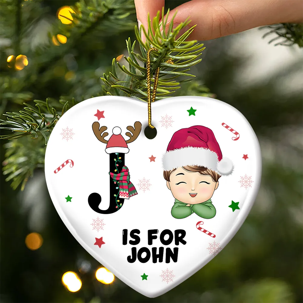 Christmas Monogram Letter Kids - Personalized Combo Heart Ceramic Ornament - Image 3