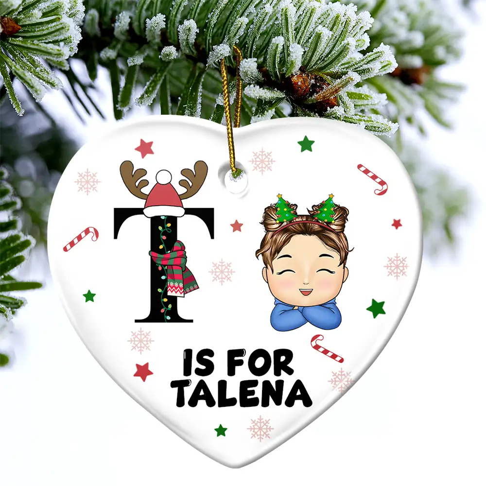 Christmas Monogram Letter Kids - Personalized Combo Heart Ceramic Ornament - Image 4