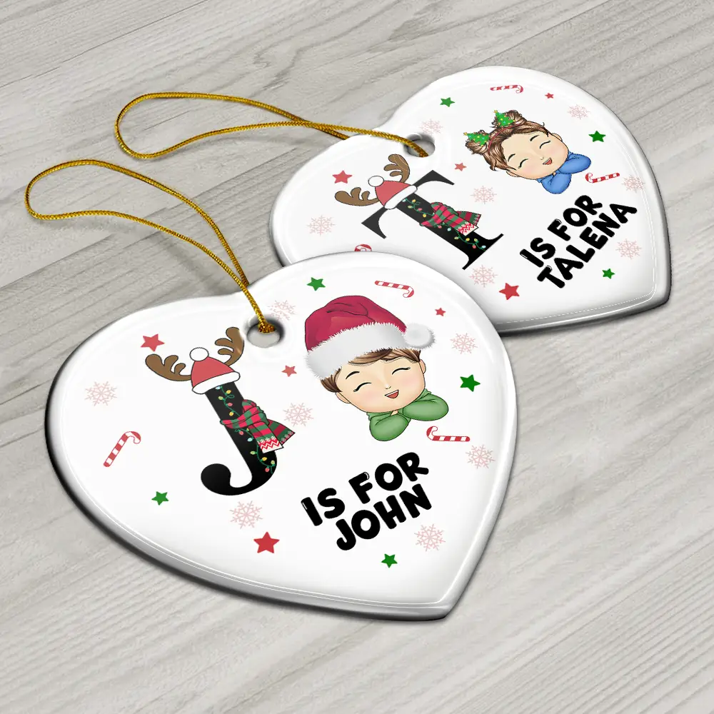 Christmas Monogram Letter Kids - Personalized Combo Heart Ceramic Ornament - Image 6
