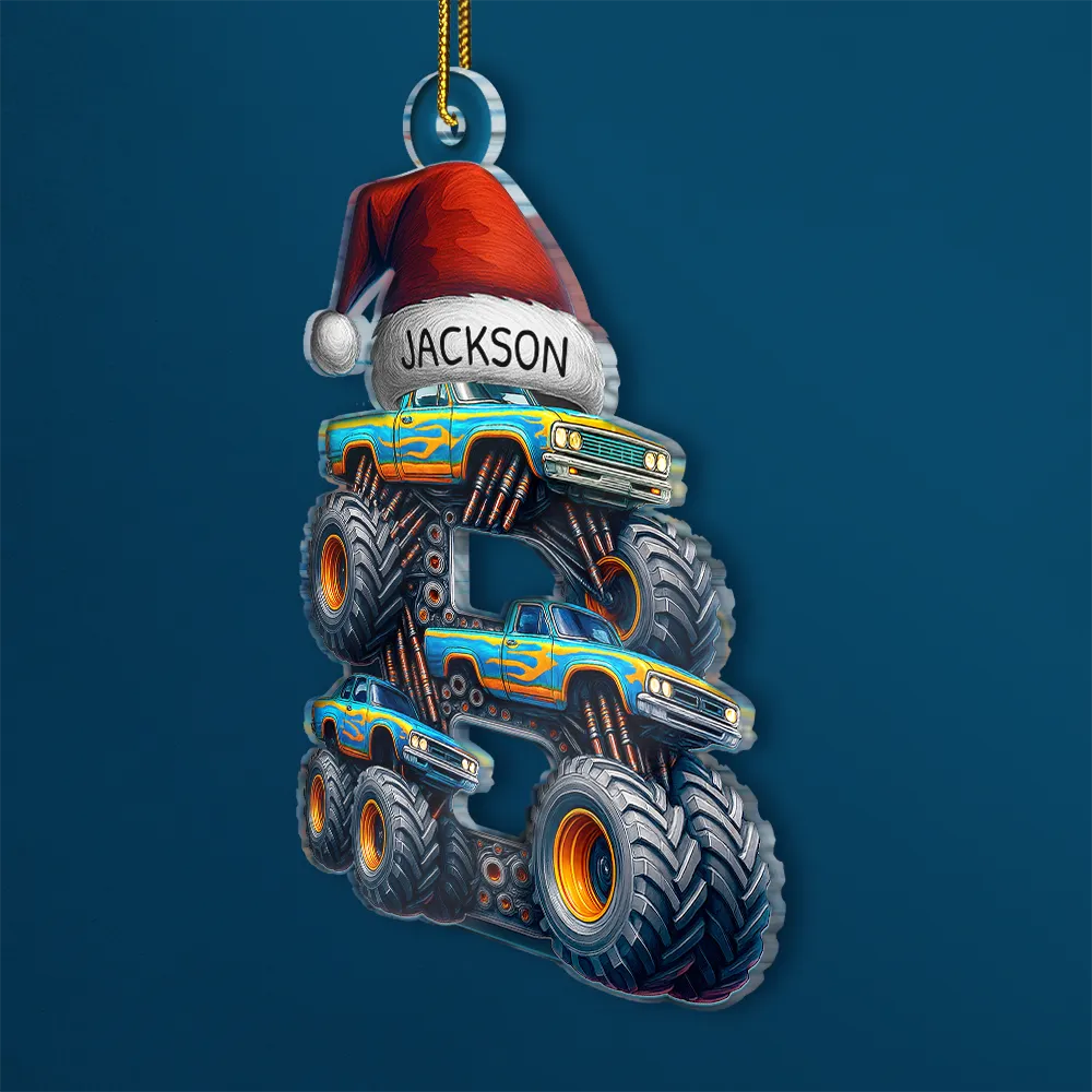 Christmas Monster Truck Monogram For Kid - Personalized Custom Shaped Acrylic Ornament - Image 2