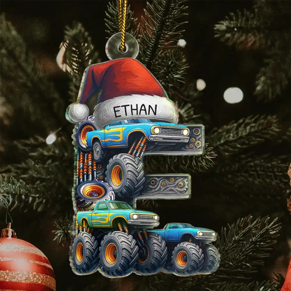 Christmas Monster Truck Monogram For Kid - Personalized Custom Shaped Acrylic Ornament - Image 3