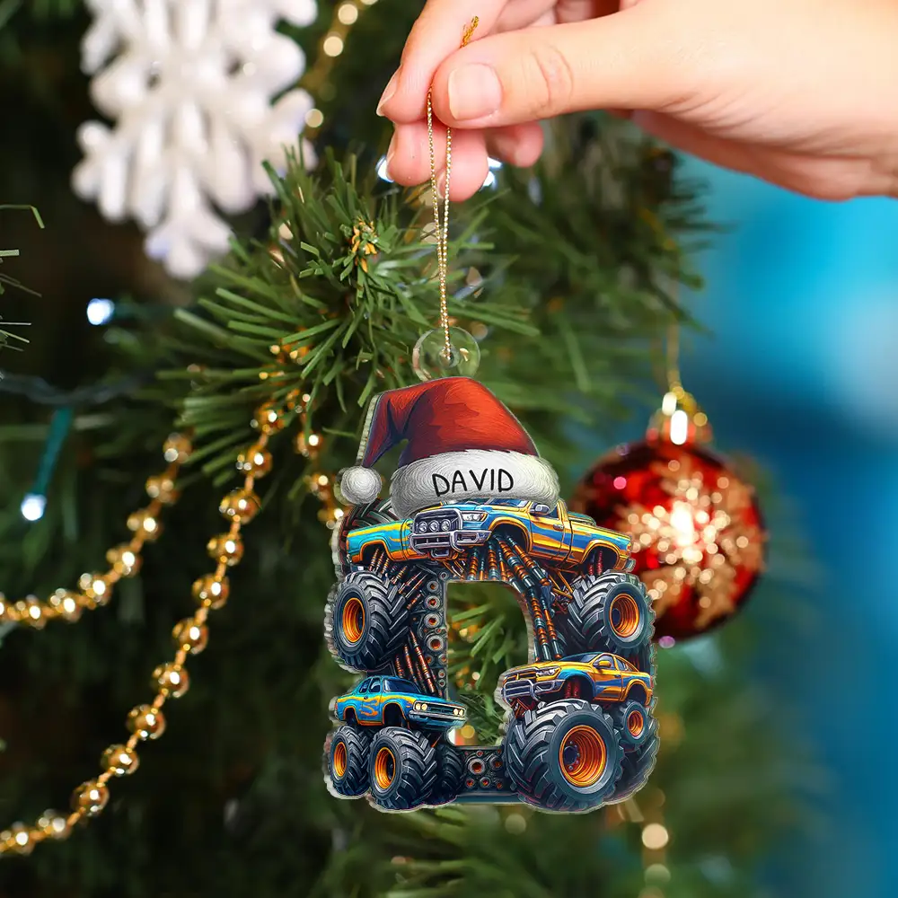 Christmas Monster Truck Monogram For Kid - Personalized Custom Shaped Acrylic Ornament - Image 4