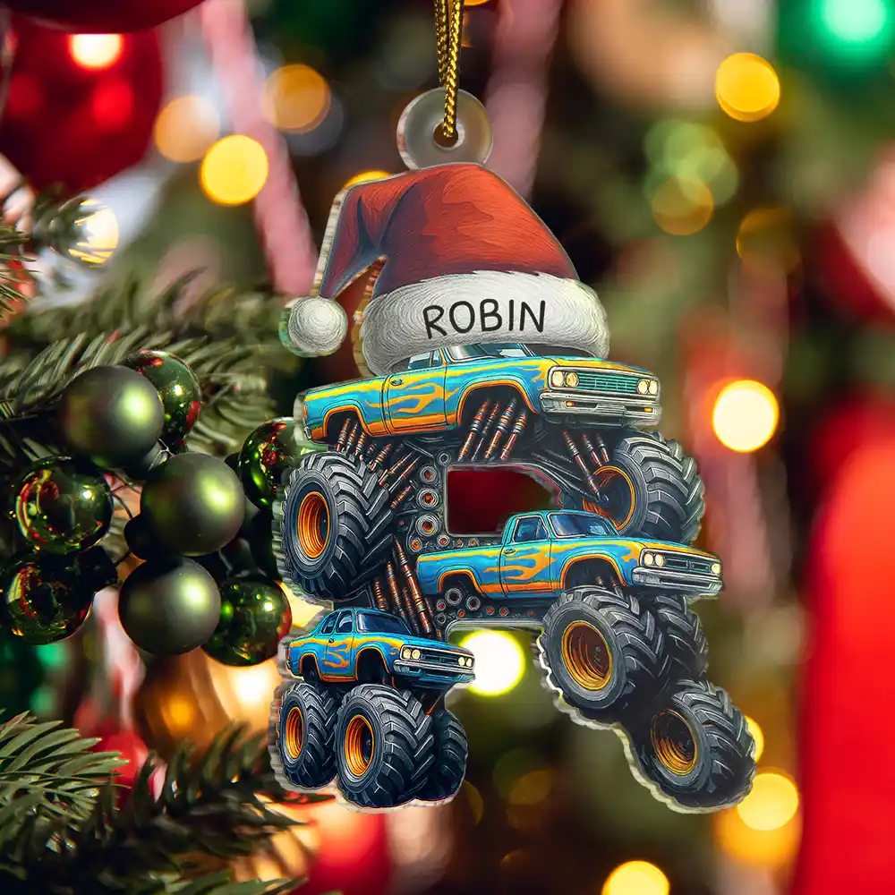 Christmas Monster Truck Monogram For Kid - Personalized Custom Shaped Acrylic Ornament - Image 5