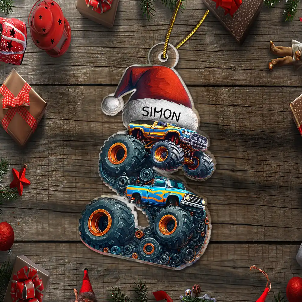 Christmas Monster Truck Monogram For Kid - Personalized Custom Shaped Acrylic Ornament - Image 6