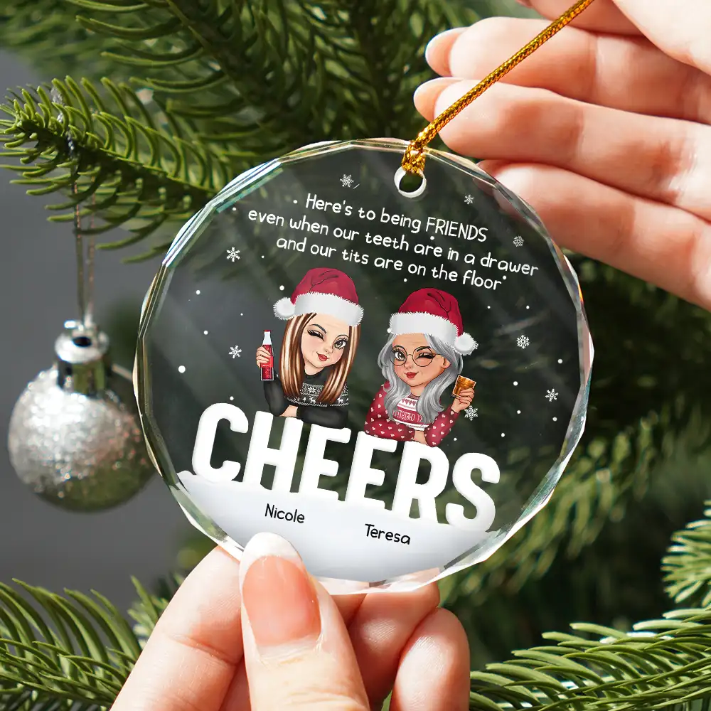 Christmas Old Bestie Here's To Being Friends - Personalized Circle Glass Ornament - Image 2