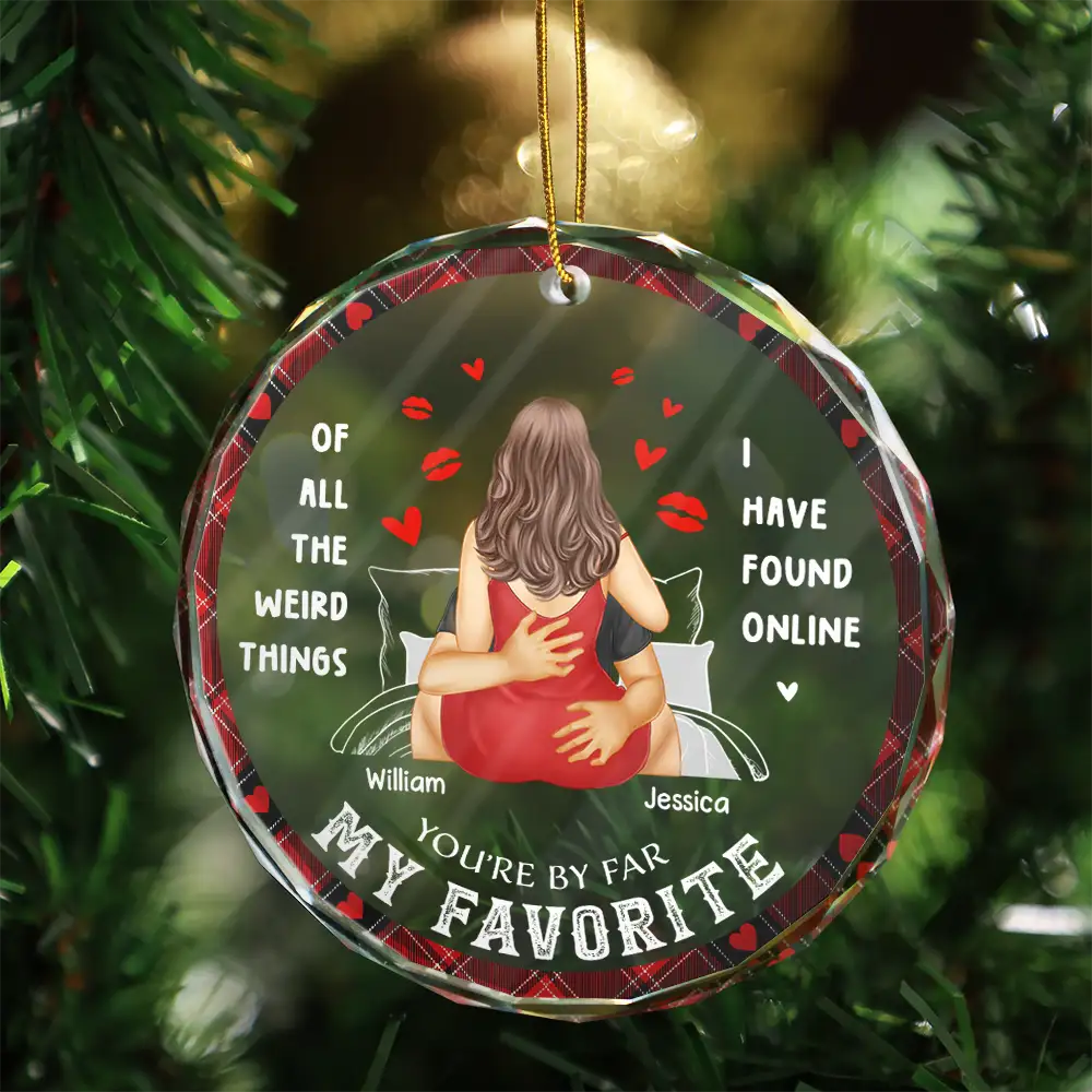 Christmas On Bed Couple You Are My Favorite By Far - Personalized Circle Glass Ornament - Image 3