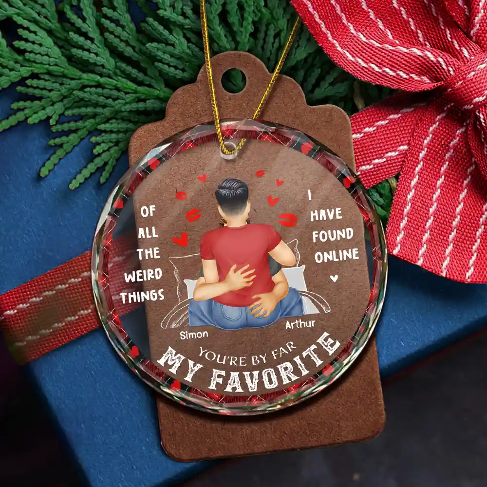 Christmas On Bed Couple You Are My Favorite By Far - Personalized Circle Glass Ornament - Image 5
