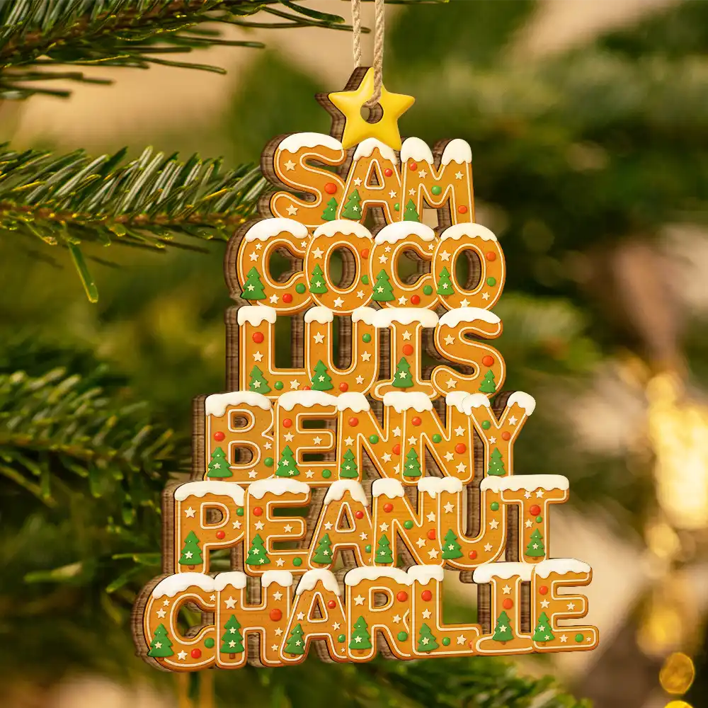 Christmas Pattern Tree With Names - Personalized Custom Shaped Wooden Ornament - Image 3