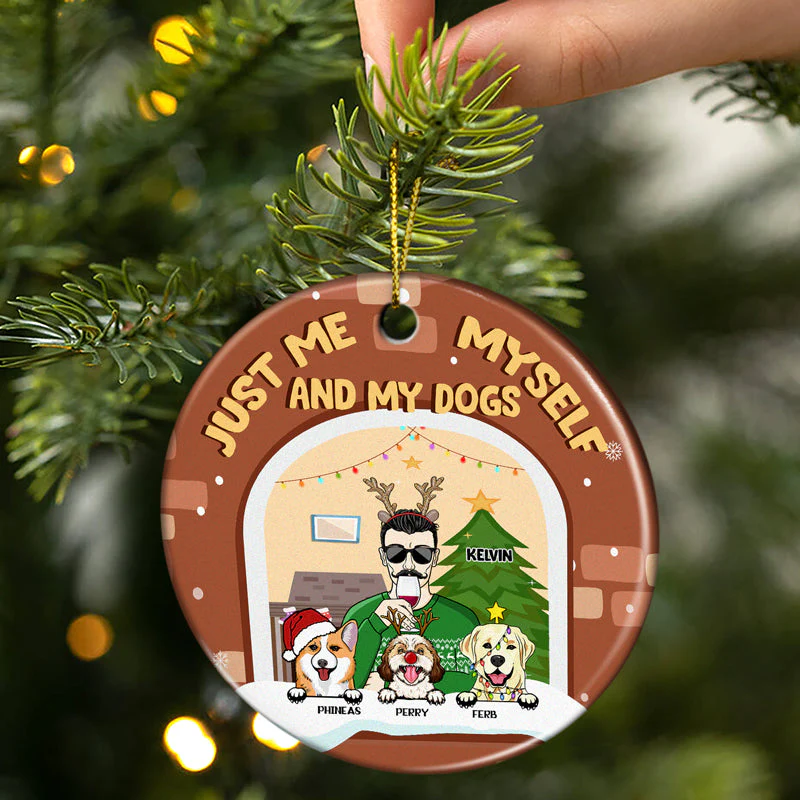 Christmas Pet Lovers Family Just Me, Myself And The Dogs - Personalized Custom Circle Ceramic Ornament - Image 2