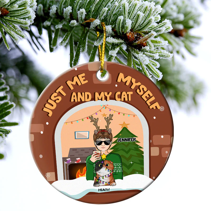 Christmas Pet Lovers Family Just Me, Myself And The Dogs - Personalized Custom Circle Ceramic Ornament - Image 3