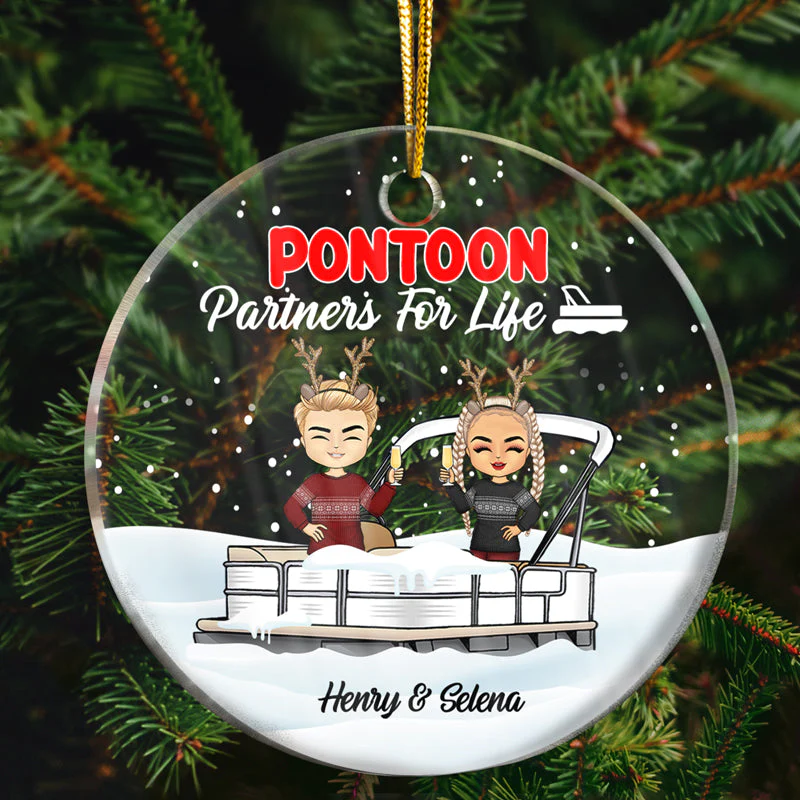 Christmas Pontoon Couple Pontoon Partners For Life - Personalized Custom Circle Acrylic Ornament - Image 2