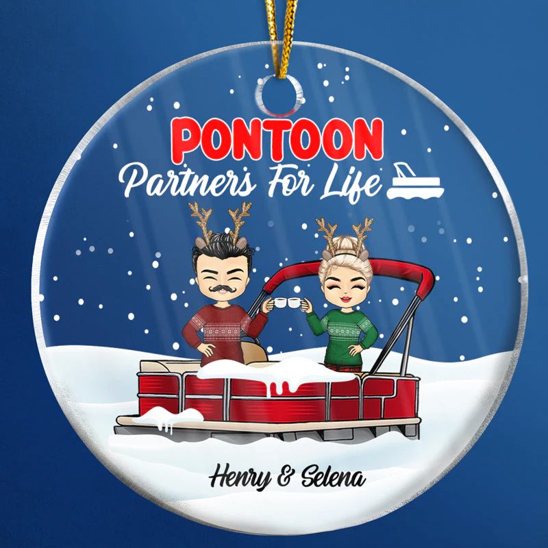 Christmas Pontoon Couple Pontoon Partners For Life - Personalized Custom Circle Acrylic Ornament - Image 4