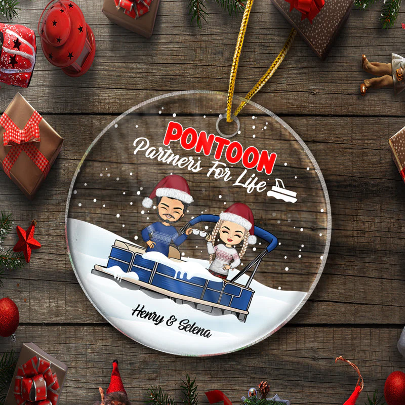 Christmas Pontoon Couple Pontoon Partners For Life - Personalized Custom Circle Acrylic Ornament - Image 5