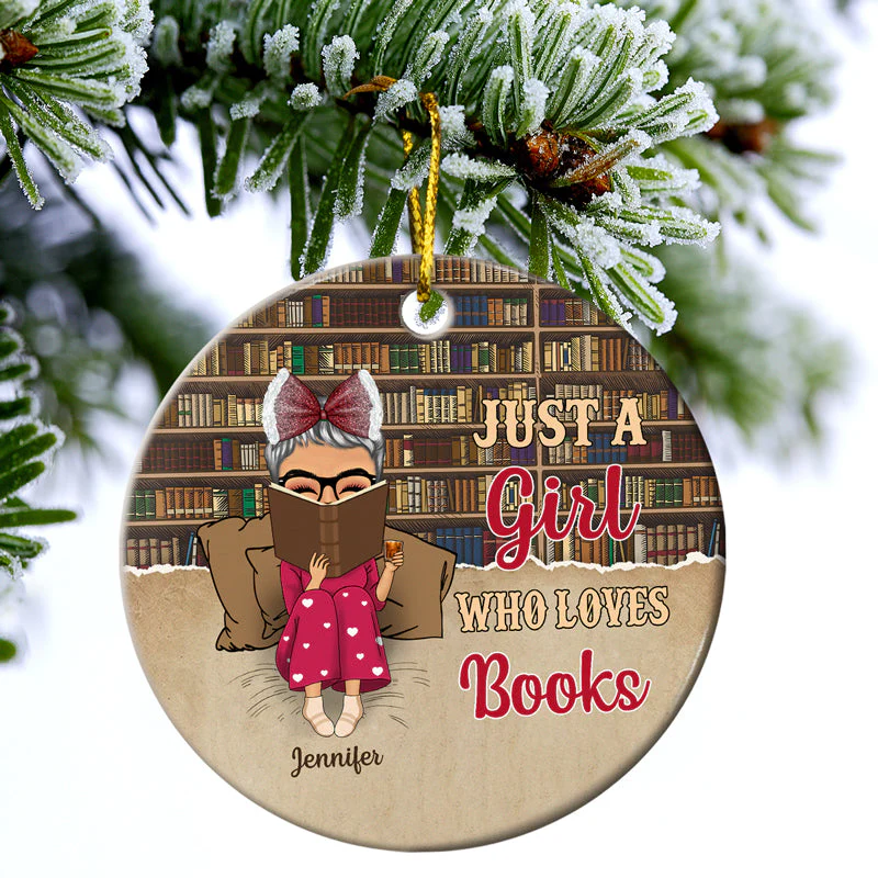 Christmas Reading Bookshelves Just A Girl Who Loves Books - Personalized Custom Circle Ceramic Ornament - Image 3