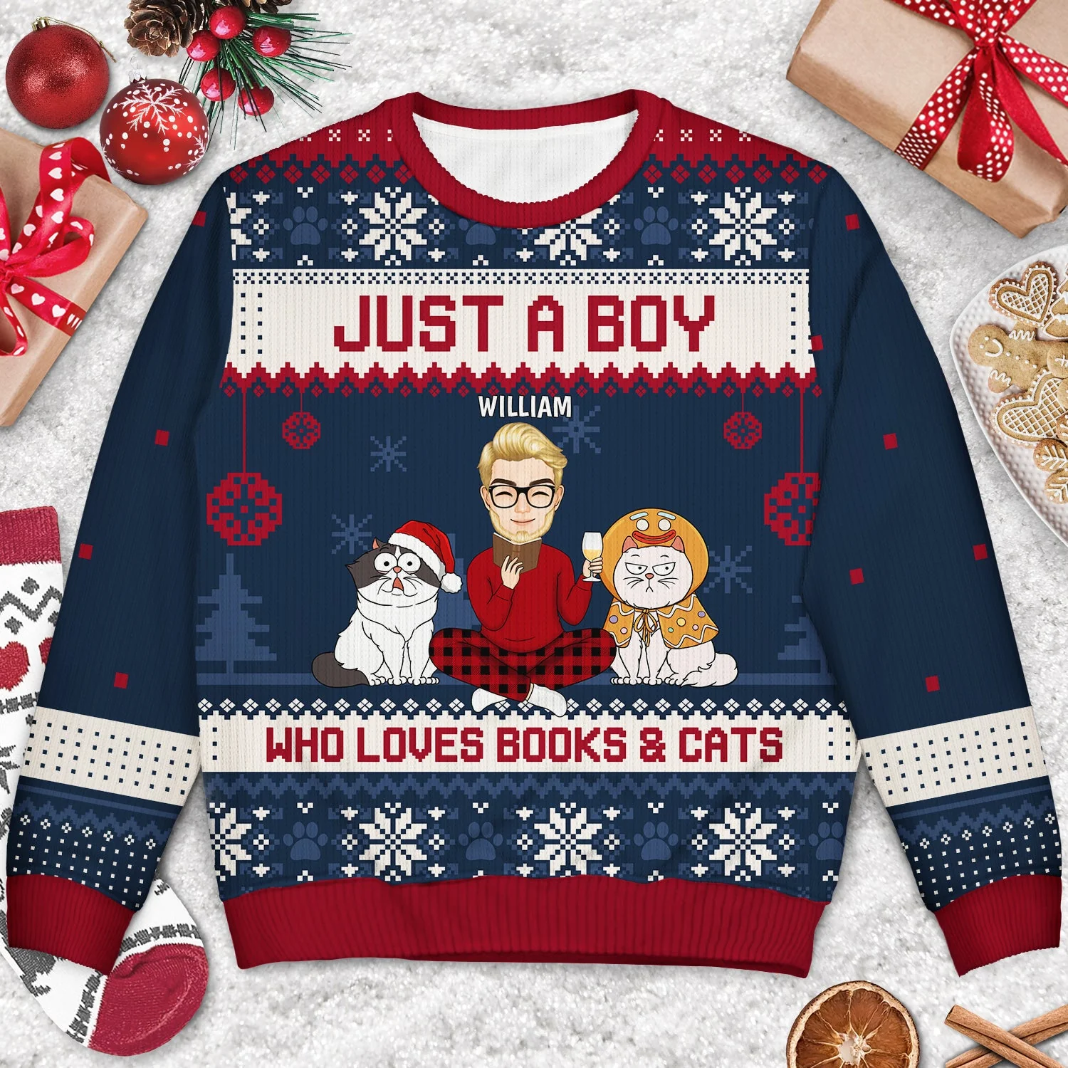 Christmas Reading Girl Who Loves Books & Pets - Gift For Book Lovers. Pet Lovers - Personalized Unisex Ugly Sweater - Image 3