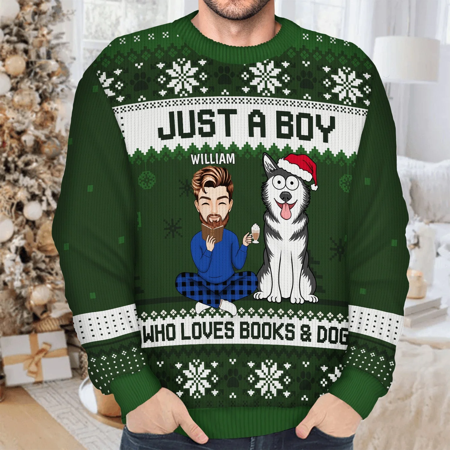 Christmas Reading Girl Who Loves Books & Pets - Gift For Book Lovers. Pet Lovers - Personalized Unisex Ugly Sweater - Image 4