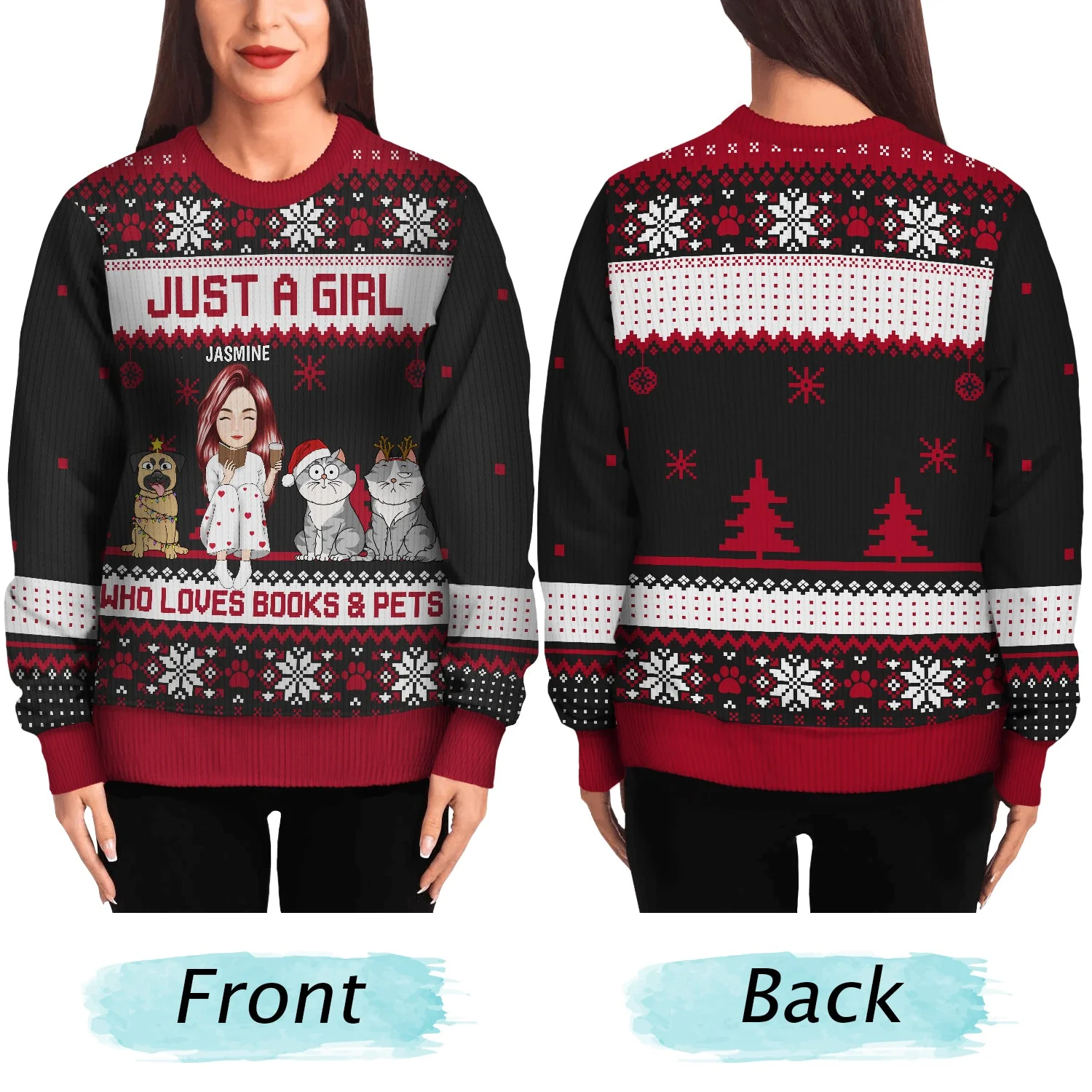 Christmas Reading Girl Who Loves Books & Pets - Gift For Book Lovers. Pet Lovers - Personalized Unisex Ugly Sweater - Image 5