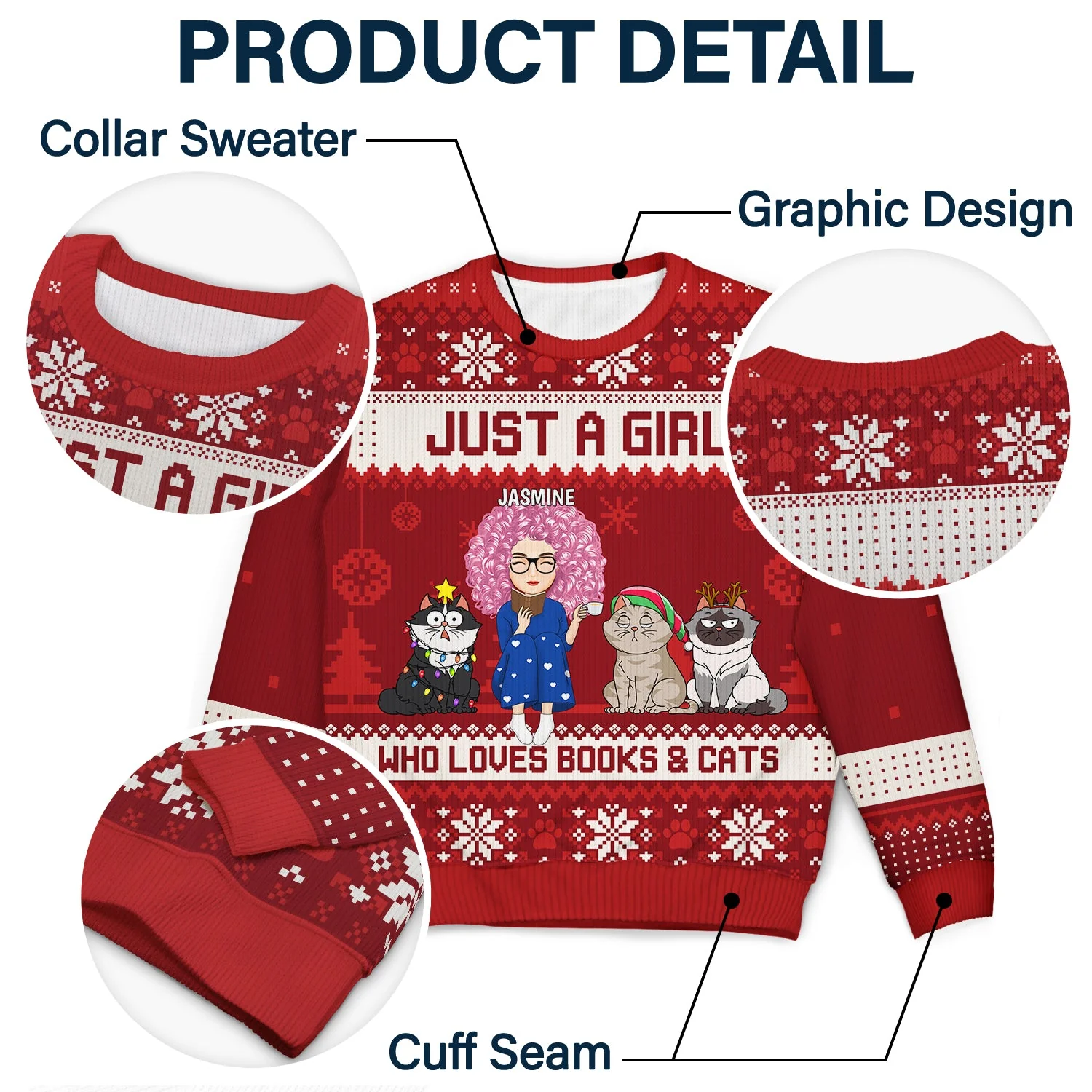Christmas Reading Girl Who Loves Books & Pets - Gift For Book Lovers. Pet Lovers - Personalized Unisex Ugly Sweater - Image 6
