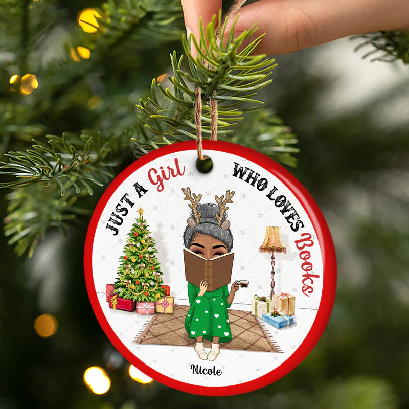 Christmas Reading Just A Girl Who Loves Books - Personalized Custom Circle Ceramic Ornament - Image 2