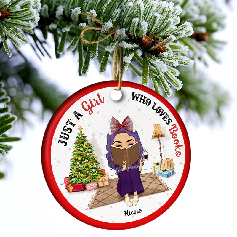 Christmas Reading Just A Girl Who Loves Books - Personalized Custom Circle Ceramic Ornament - Image 3
