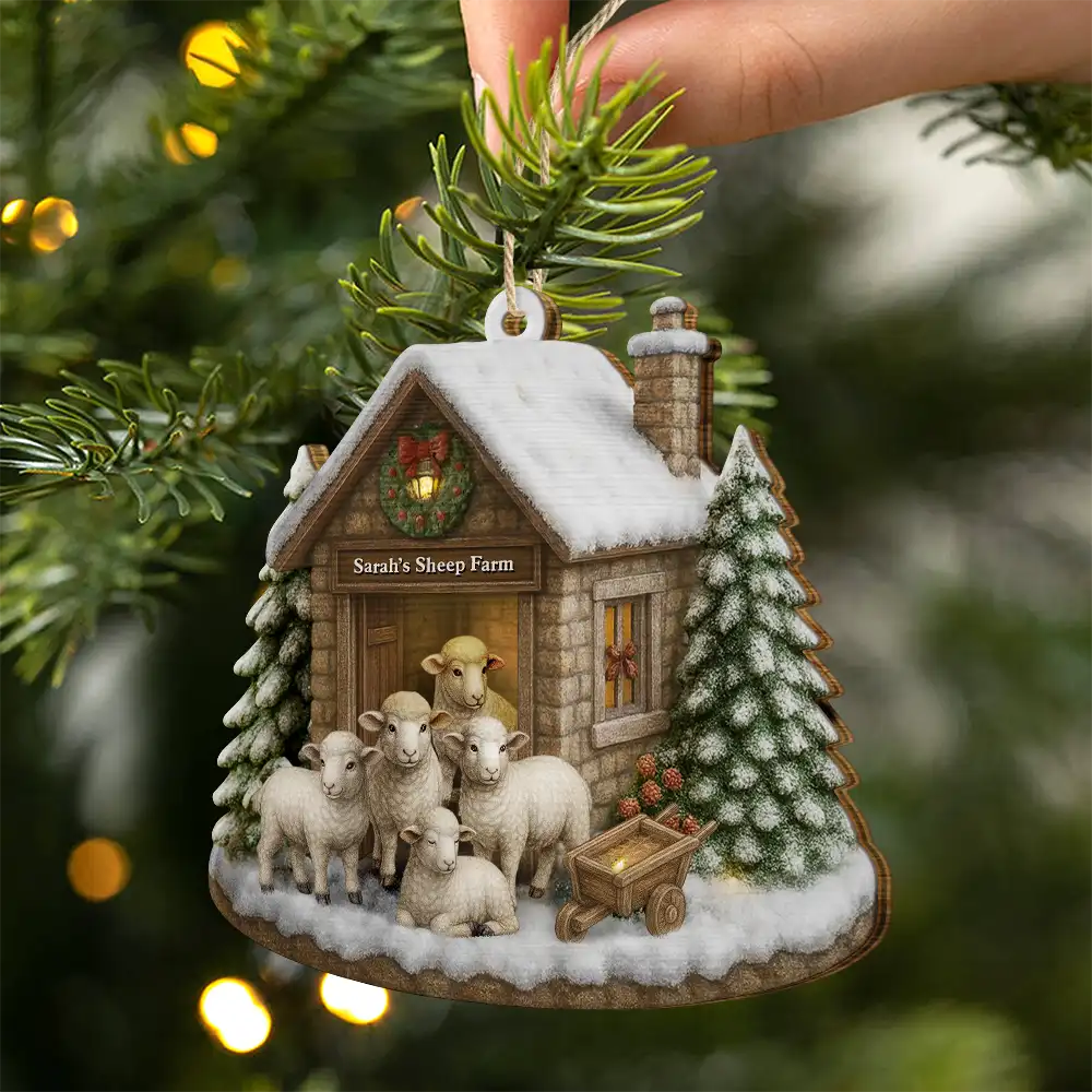 Christmas Sheep Farm - Personalized Custom Shaped Wooden Ornament - Image 2